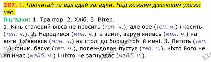 287. 1. Прочитай та відгадай загадки. Над кожним дієсловом укажи час. — ГДЗ Українська мова та читання 4 клас Кравцова