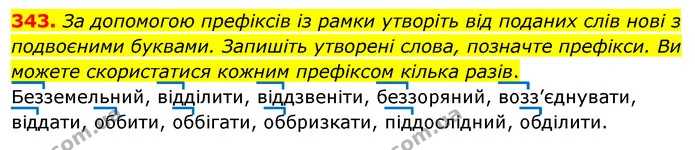 343. За допомогою префіксів із рамки утворіть від поданих слів нові з подвоєними буквами. Запишіть утворені слова, позначте префікси — ГДЗ Українська мова 5 клас Заболотний 2022