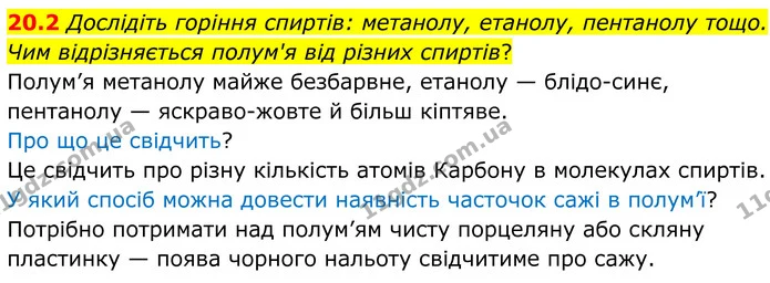 20.2 Дослідіть горіння спиртів: метанолу, етанолу, пентанолу тощо. Чим відрізняється полум'я від різних спиртів? — ГДЗ Робочий зошит Хімія 8 клас Григорович