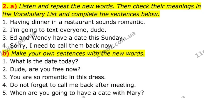 2. a) Listen and repeat the new words. Then check their meanings in the Vocabulary List and complete the sentences below. — ГДЗ Англійська мова 8 клас Карпюк 2025