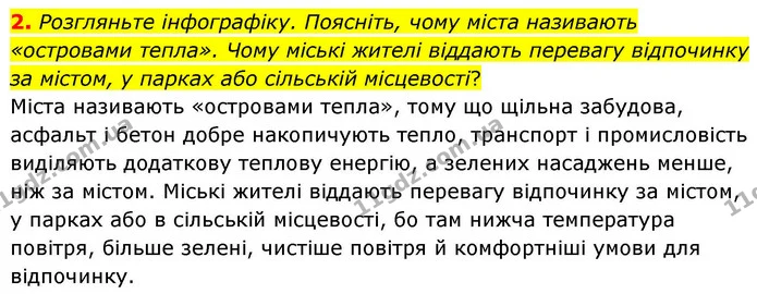 2. Розгляньте інфографіку. Поясніть, чому міста називають «островами тепла». Чому міські жителі віддають перевагу відпочинку за містом — ГДЗ Зошит практичні Географія 8 клас Гільберг