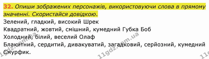 32. Опиши зображених персонажів, використовуючи слова в прямому значенні. Скористайся довідкою. — ГДЗ Українська мова 5 клас Онатій