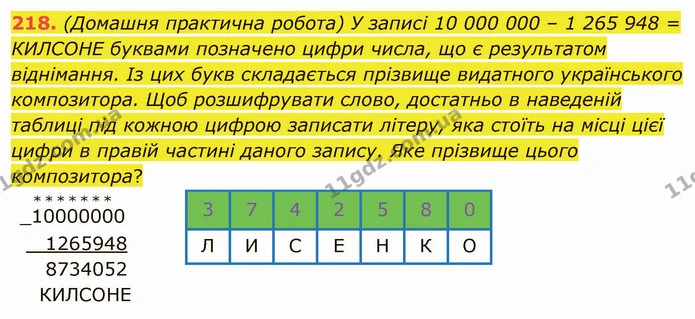 218. (Домашня практична робота) У записі 10 000 000 – 1 265 948 = КИЛСОНЕ буквами позначено цифри числа, що є результатом віднімання — ГДЗ Математика 5 клас Мерзляк