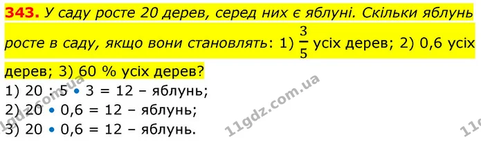 343. У саду росте 20 дерев, серед них є яблуні. Скільки яблунь росте в саду, якщо вони становлять: 1) 35 усіх дерев; 2) 0,6 усіх дерев — ГДЗ Математика 6 клас Кравчук 2023