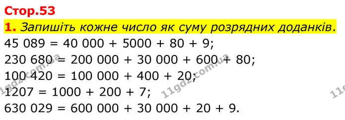 1. Запишіть кожне число як суму розрядних доданків. — ГДЗ Математика 4 клас Логачевська 1 та 2 частини