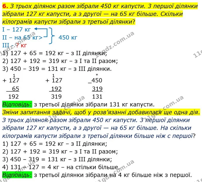 6. З трьох ділянок разом зібрали 450 кг капусти. 3 першої ділянки зібрали 127 кг капусти, а з другої — на 65 кг більше. Скільки — ГДЗ Математика 4 клас Лишенко 1-2 ч.
