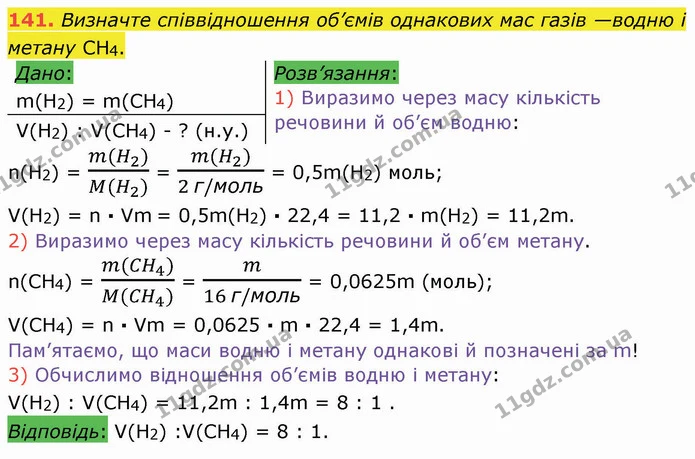 141. Визначте співвідношення об’ємів однакових мас газів —водню і метану СН4. — ГДЗ Хімія 8 клас Попель