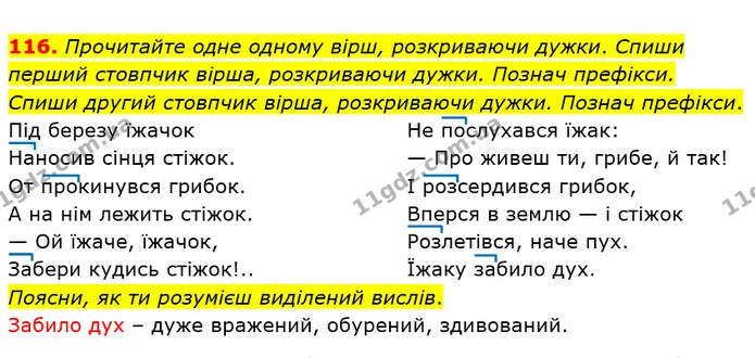 116. Прочитайте одне одному вірш, розкриваючи дужки. Спиши перший стовпчик вірша, розкриваючи дужки. Познач префікси. Спиши другий — ГДЗ Українська мова та читання 3 клас Захарійчук 2020