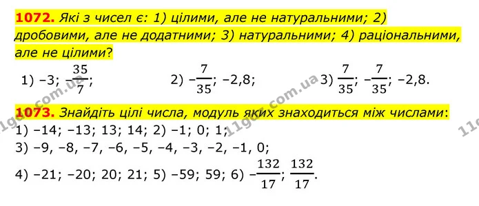 1072. Які з чисел є: 1) цілими, але не натуральними; 2) дробовими, але не додатними; 3) натуральними; 4) раціональними, але не цілими? — ГДЗ Математика 6 клас Тарасенкова 2023 1-2 ч.