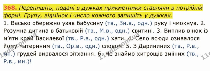 368. Перепишіть, подані в дужках прикметники ставлячи в потрібній формі. Групу, відмінок і число кожного запишіть у дужках. — ГДЗ Українська мова 6 клас Глазова