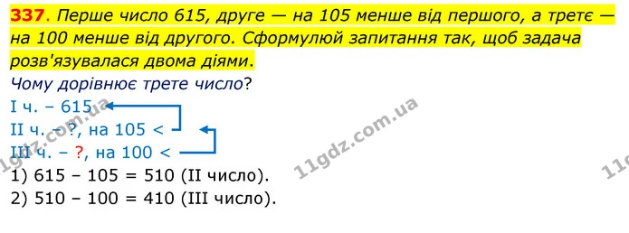 337. Перше число 615, друге — на 105 менше від першого, а третє — на 100 менше від другого. Сформулюй запитання так, щоб задача — ГДЗ Математика 3 клас Бевз 2 частина