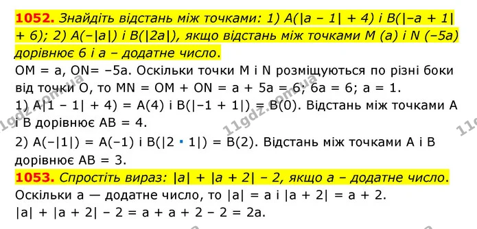 1052. Знайдіть відстань між точками: 1) А(|a – 1| + 4) і B(|–a + 1| + 6); 2) A(–|a|) і B(|2a|), якщо відстань між точками M (а) і N — ГДЗ Математика 6 клас Тарасенкова 2023 1-2 ч.