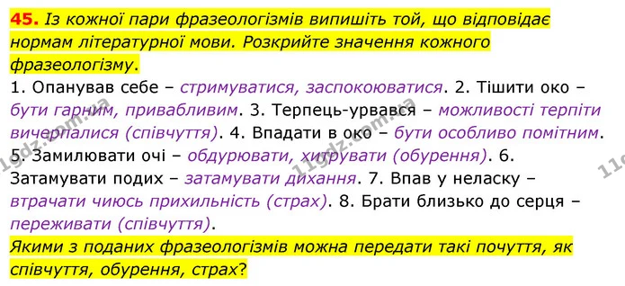 45. Із кожної пари фразеологізмів випишіть той, що відповідає нормам літературної мови. Розкрийте значення кожного фразеологізму. — ГДЗ Українська мова 8 клас Глазова О.П. 2021
