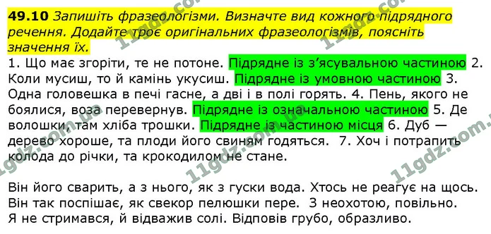 49.10 Запишіть фразеологізми. Визначте вид кожного підрядного речення. Додайте троє оригінальних фразеологізмів, поясніть значення їх. — ГДЗ Українська мова 9 клас Голуб 2017