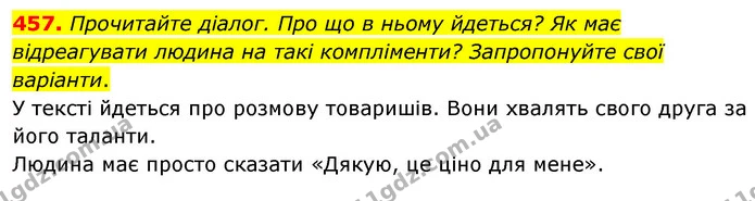 457. Прочитайте діалог. Про що в ньому йдеться? Як має відреагувати людина на такі компліменти? Запропонуйте свої варіанти. — ГДЗ Українська мова 5 клас Голуб