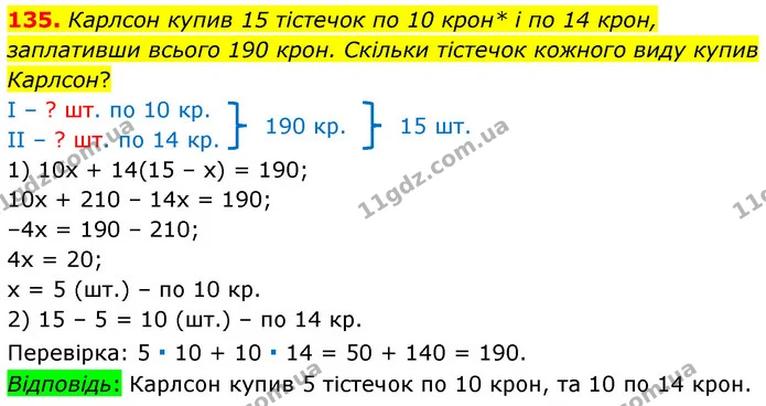 135. Карлсон купив 15 тістечок по 10 крон* і по 14 крон, заплативши всього 190 крон. Скільки тістечок кожного виду купив Карлсон? — ГДЗ Математика 6 клас Бевз 1-2 ч.