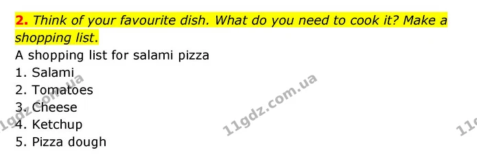 2. Think of your favourite dish. What do you need to cook it? Make a shopping list. — ГДЗ Робочий зошит Англійська мова 5 клас Карпюк