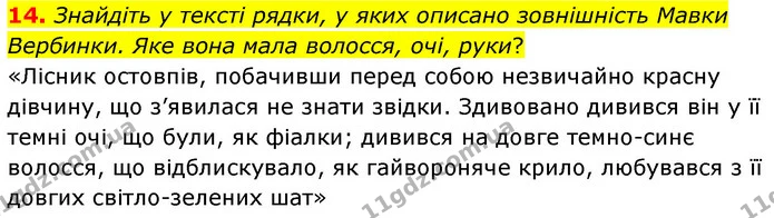 14. Знайдіть у тексті рядки, у яких описано зовнішність Мавки Вербинки. Яке вона мала волосся, очі, руки? — ГДЗ Українська література 5 клас Заболотний