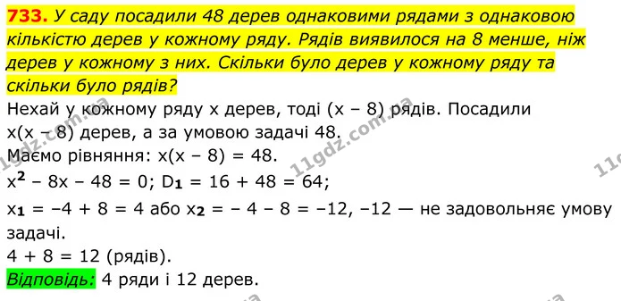 733. У саду посадили 48 дерев однаковими рядами з однаковою кількістю дерев у кожному ряду. Рядів виявилося на 8 менше, ніж дерев у — ГДЗ Алгебра 8 клас Мерзляк