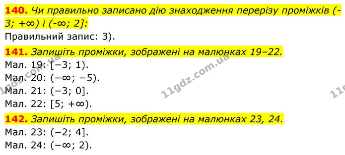 140. Чи правильно записано дію знаходження перерізу проміжків (-3; +∞) і (-∞; 2]: — ГДЗ Алгебра 9 клас Тарасенкова