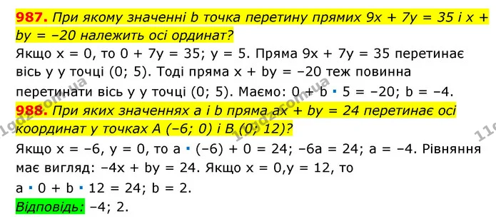 987. При якому значенні b точка перетину прямих 9x + 7y = 35 і x + by = –20 належить осі ординат? — ГДЗ Алгебра 7 клас Мерзляк, Полонський 2015