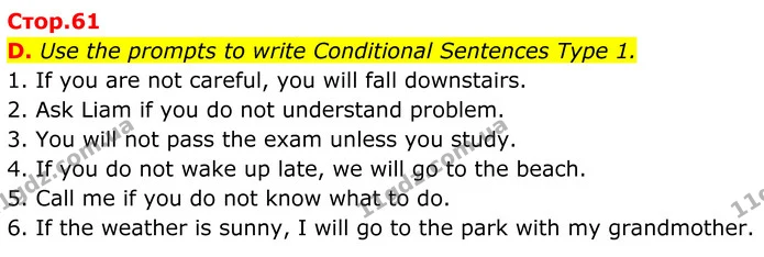 D. Use the prompts to write Conditional Sentences Type 1. — ГДЗ робочий зошит Англійська мова 7 клас Мітчелл