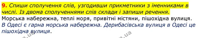 9. Спиши сполучення слів, узгодивши прикметники з іменниками в числі. Із двома сполученнями слів склади і запиши речення. — ГДЗ Українська мова 3 клас Пономарьова 2020