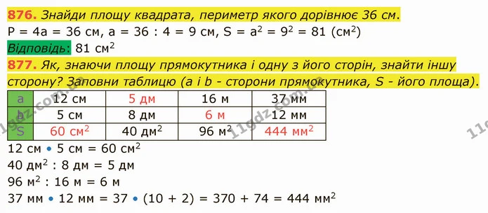 876. Знайди площу квадрата, периметр якого дорівнює 36 см. — ГДЗ Математика 5 клас Істер 2022