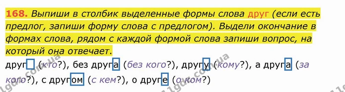 168. Выпиши в столбик выделенные формы слова друг (если есть предлог, запиши форму слова с предлогом). Выдели окончание в формах слова — ГДЗ Русский язык и чтение 4 класс Лапшина 1 ч.