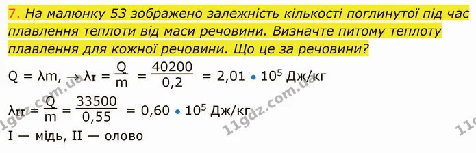 7. На малюнку 53 зображено залежність кількості поглинутої під час плавлення теплоти від маси речовини. Визначте питому теплоту — ГДЗ Фізика 8 клас Засєкіна