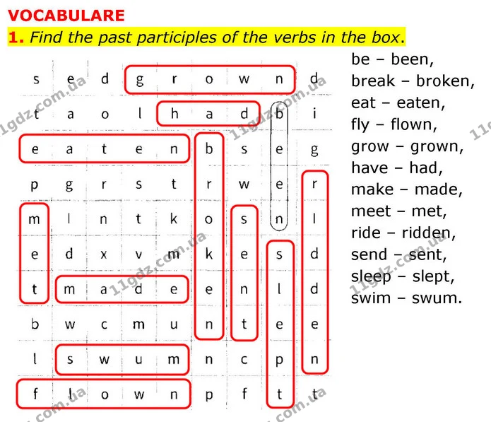1. Find the past participles of the verbs in the box. — ГДЗ робочий зошит Англійська мова 7 клас Prepare