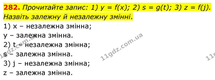 282. Прочитайте запис: 1) y = f(x); 2) s = g(t); 3) z = f(j). — ГДЗ Алгебра 9 клас Тарасенкова