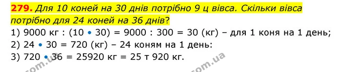 279. Для 10 коней на 30 днів потрібно 9 ц вівса. Скільки вівса потрібно для 24 коней на 36 днів? — ГДЗ Математика 6 клас Бевз 1-2 ч.
