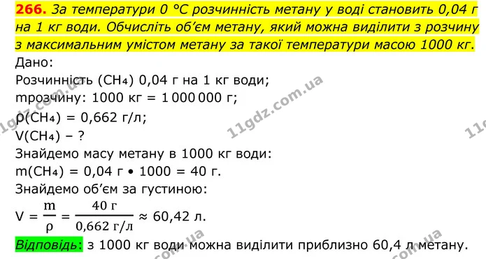 266. 3а температури 0 °С розчинність метану у воді становить 0,04 г на 1 кг води. Обчисліть об’єм метану, який можна виділити з розчину — ГДЗ Хімія 8 клас Григорович