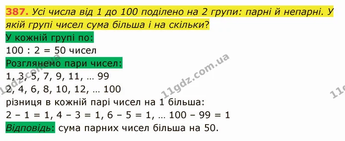 387. Усі числа від 1 до 100 поділено на 2 групи: парні й непарні. У якій групі чисел сума більша і на скільки? — ГДЗ Математика 4 клас Лишенко 1-2 ч.