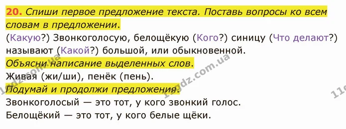 20. Спиши первое предложение текста. Поставь вопросы ко всем словам в предложении. — ГДЗ Русский язык и чтение 3 класс Лапшина