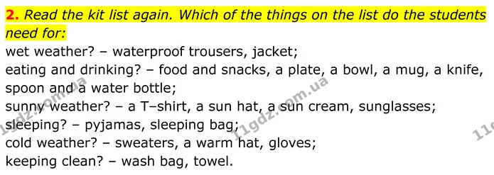 2. Read the kit list again. Which of the things on the list do the students need for: — ГДЗ Англійська мова 7 клас Коста