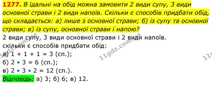 1277. В їдальні на обід можна замовити 2 види супу, 3 види основної страви і 2 види напоїв. Скільки є способів придбати обід, що — ГДЗ Алгебра 8 клас Бевз