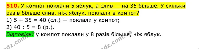 510. У компот поклали 5 яблук, а слив — на 35 більше. У скільки разів більше слив, ніж яблук, поклали в компот? — ГДЗ Математика 3 клас Будна 1-2 ч.