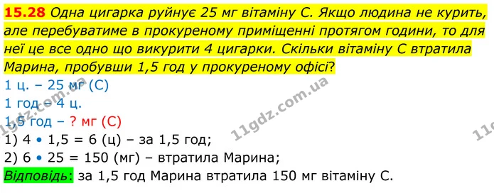 15.28 Одна цигарка руйнує 25 мг вітаміну С. Якщо людина не курить, але перебуватиме в прокуреному приміщенні протягом години, то для — ГДЗ Алгебра 8 клас Істер