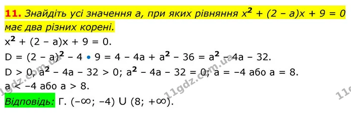 11. Знайдіть усі значення а, при яких рівняння х2 + (2 – а)х + 9 = 0 має два різних корені. — ГДЗ Алгебра 9 клас Істер