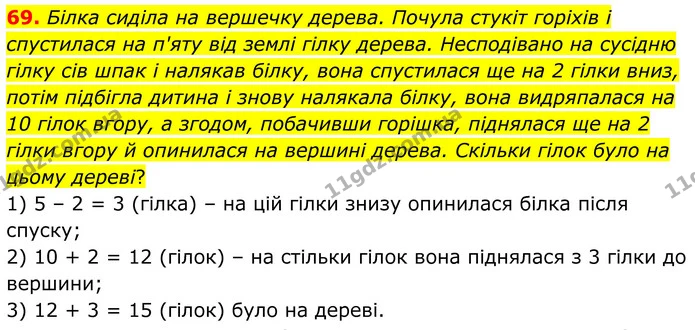 69. Білка сиділа на вершечку дерева. Почула стукіт горіхів і спустилася на п'яту від землі гілку дерева. Несподівано на сусідню гілку — ГДЗ Математика 6 клас Біос 1-2 ч.