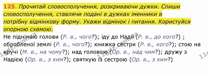 125. Прочитай словосполучення, розкриваючи дужки. Спиши словосполучення, ставлячи подані в дужках іменники в потрібну відмінкову форму — ГДЗ Українська мова та читання 4 клас Захарійчук