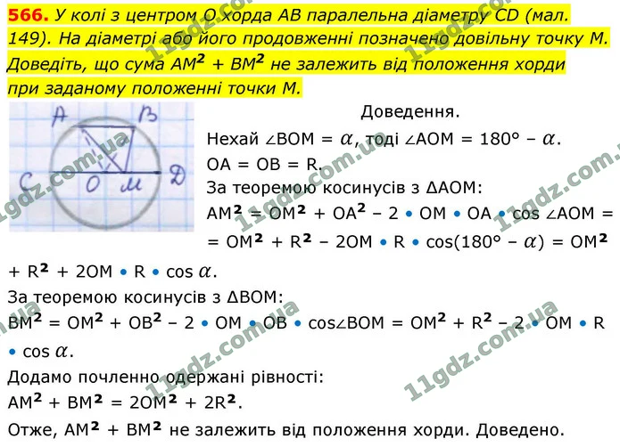 566. У колі з центром O хорда AB паралельна діаметру CD (мал. 149). На діаметрі або його продовженні позначено довільну точку M. — ГДЗ Геометрія 9 клас Бурда 2026