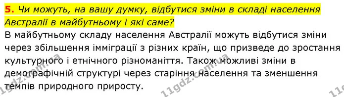 5. Чи можуть, на вашу думку, відбутися зміни в складі населення Австралії в майбутньому і які саме? — ГДЗ Географія 7 клас Гільберг