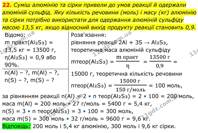 22. Суміш алюмінію та сірки привели до умов реакції й одержали алюміній сульфід. Яку кількість речовини (моль) і масу (кг) алюмінію та — ГДЗ Хімія 8 клас Мідак