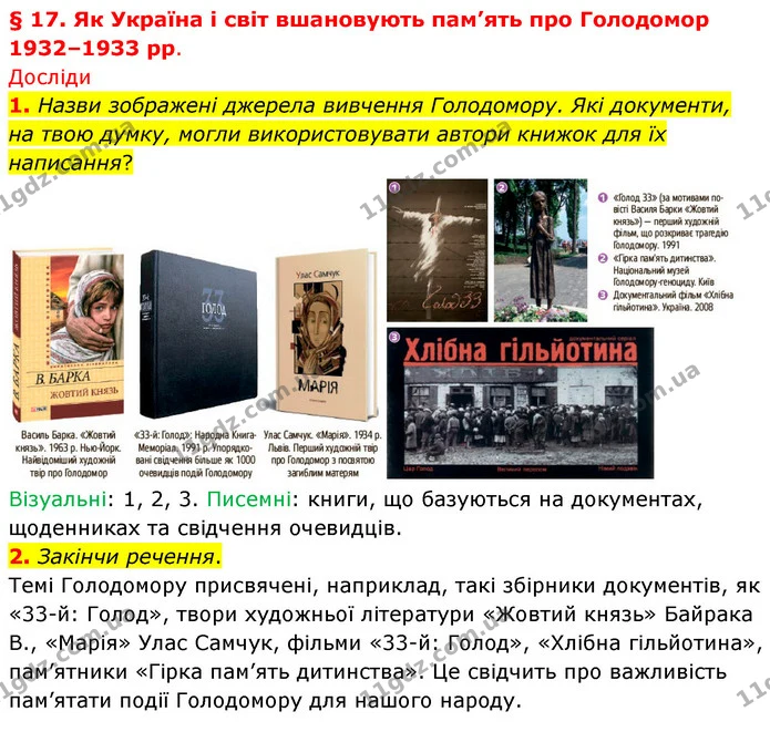 1. Назви зображені джерела вивчення Голодомору. Які документи, на твою думку, могли використовувати автори книжок для їх написання? — ГДЗ Досдіджуємо історію і суспільство 5 клас Пометун