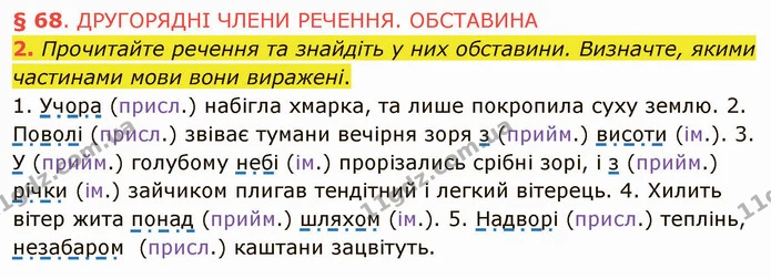 2. Прочитайте речення та знайдіть у них обставини. Визначте, якими частинами мови вони виражені. — ГДЗ Українська мова 5 клас Авраменко 2022