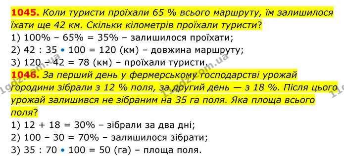 1045. Коли туристи проїхали 65 % всього маршруту, їм залишилося їхати ще 42 км. Скільки кілометрів проїхали туристи? — ГДЗ Математика 6 клас Бевз 1-2 ч.