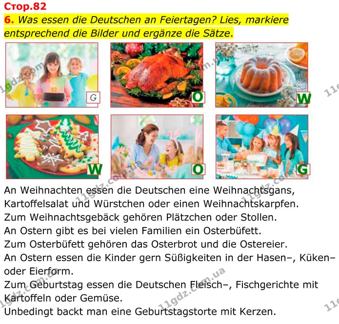 6. Was essen die Deutschen an Feiertagen? Lies, markiere entsprechend die Bilder und ergänze die Sätze. — ГДЗ Німецька мова 8 клас Сотникова (2025) 4 рік